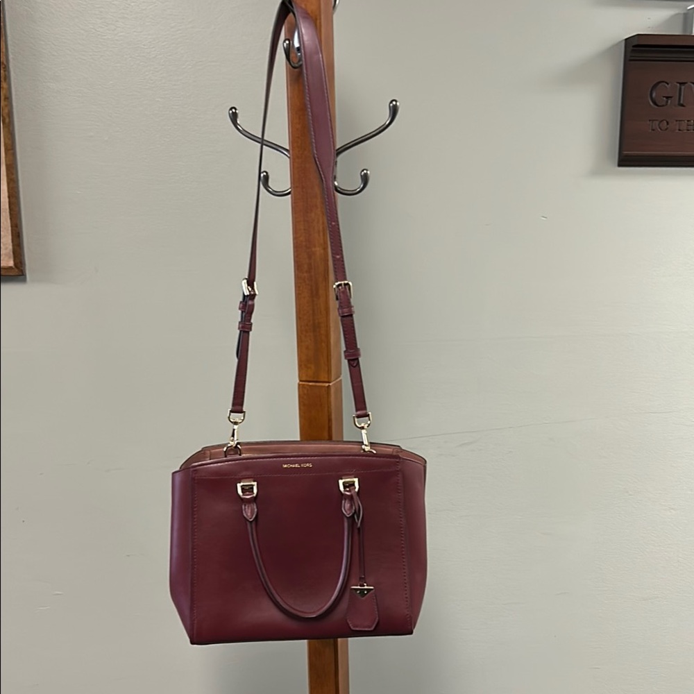 Michael Kors Wine Leather Satchel with Gold Hardware